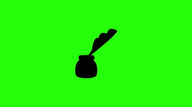 Clean 4K horizontal video showing a traditional vintage feather quill pen in an inkwell bottle silhouette bouncing. High quality historic document asset.
