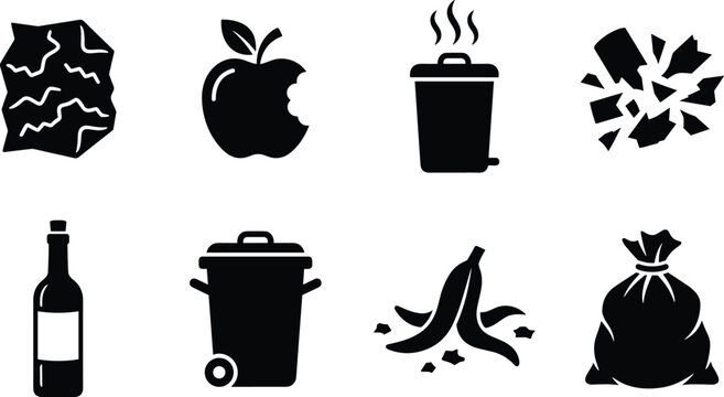 Waste management and recycling icon set featuring organic trash disposal litter pollution and environmental cleanup