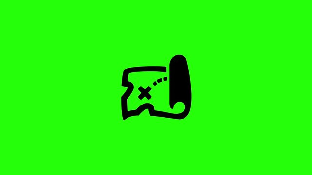 High definition 4K clip of an unrolled ancient treasure map with dotted path and X target silhouette bouncing cleanly. Tactical popup pirate adventure icon.