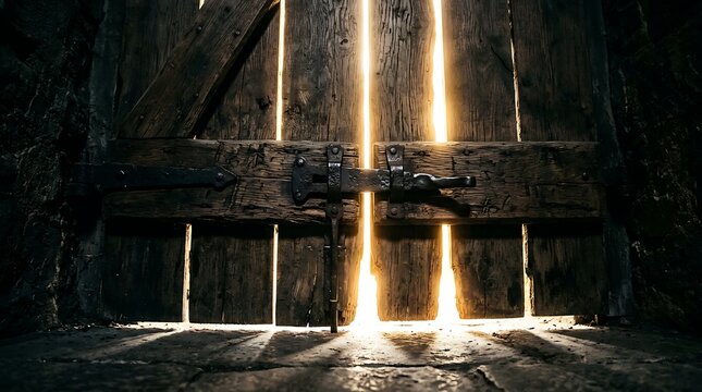 Light shining through a rustic wooden door with metal latch