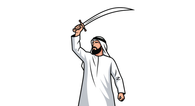 Arab man wearing a traditional white thobe holds a curved silver sword high in a symbolic or cultural gesture.