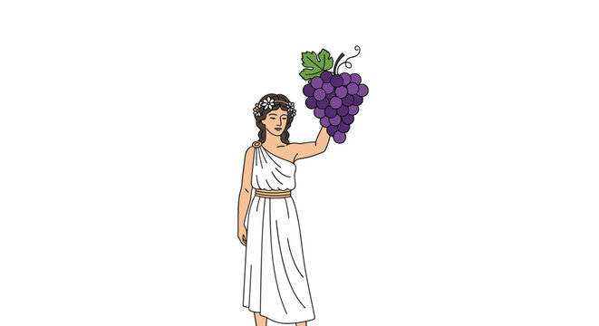 Ancient Greek goddess Demeter holding a large cluster of purple grapes, wearing a white chiton and floral wreath.