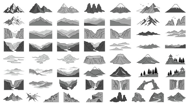 Grayscale mountain landscape tile set with peaks, hills, cliffs, valleys, islands, ridges and scenic terrain elements for map and game design