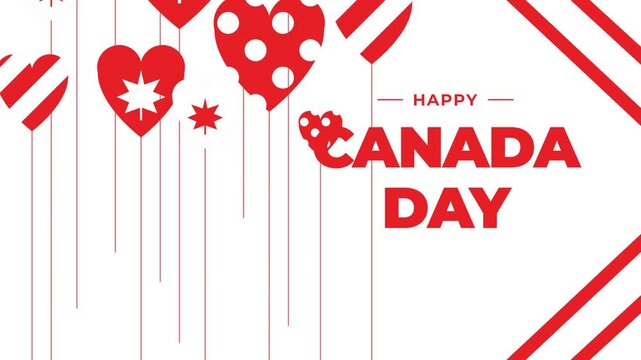 Happy Canada Day Graphic Animation with Red Hanging Heart Shapes and Maple Leaf Symbols on White Background