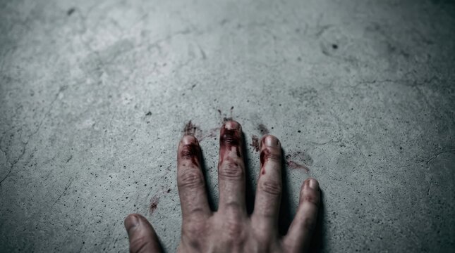 Hand with Blood on Concrete Surface in Distressing Scene