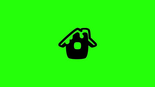High definition 4K clip of a cozy country house cottage roof covered in thick snow silhouette bouncing cleanly. Tactical popup real estate winter vacation icon.