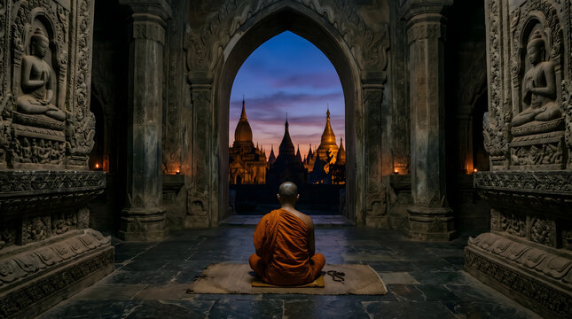 Buddhist Monk in Saffron Robe Meditating Inside Carved Stone Temple Hall at Twilight