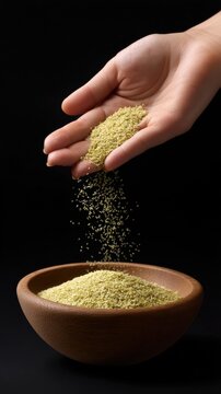 Hand sprinkling furikake seasoning into a wooden bowl on black background