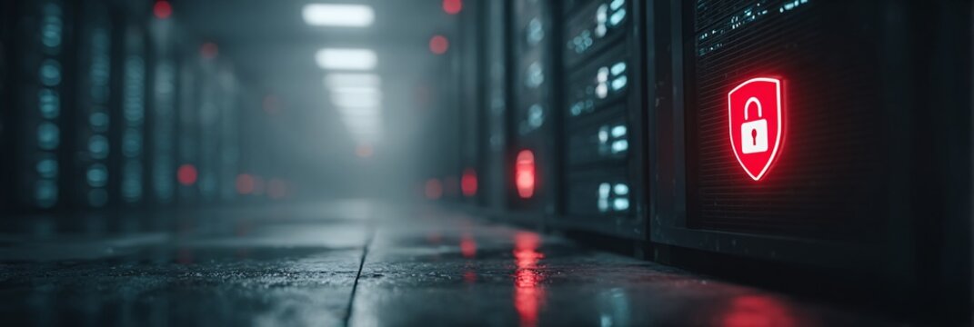 digital security and data protection in data centers with cybersecurity shield icon