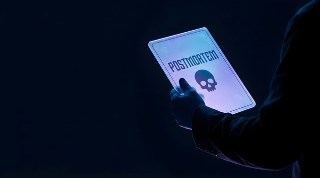 Business professional holding a glowing postmortem report silhouette in dark environment