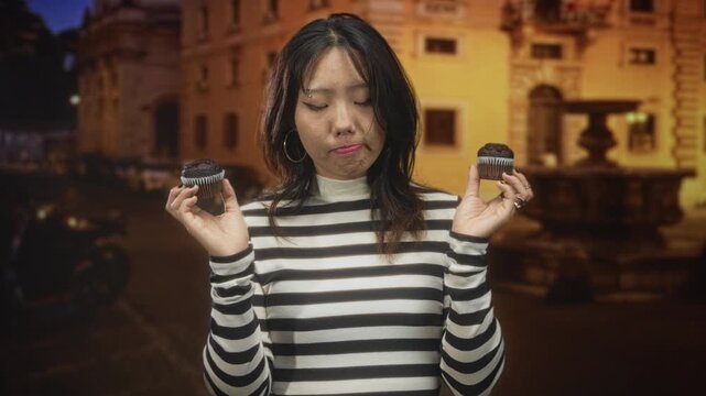 Young asian woman holding two chocolate muffins in each hand on a night street, striped shirt and pierced nose, lips pursed in doubt; indecision craving.