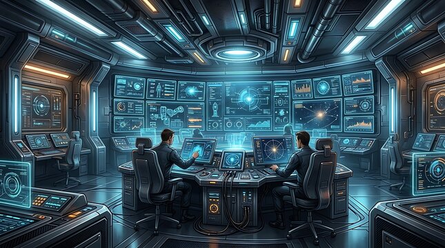 Futuristic command center with personnel monitoring data screens