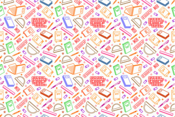 Fototapeta premium Colorful school supplies seamless pattern. School attributes seamless pattern. Student accessories repeat background. Back to school doodle banner. Education theme doodle pattern background