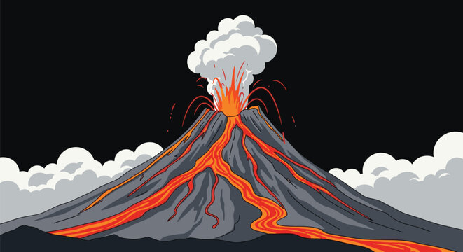 Dramatic illustration of an erupting volcano at night with glowing lava flowing down the slopes under a thick cloud of ash and smoke.