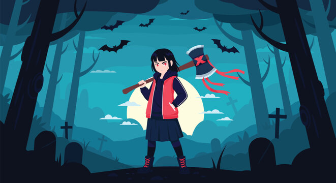Brave anime style girl holding a large double-headed battle axe standing in a dark spooky cemetery forest under a full moon.