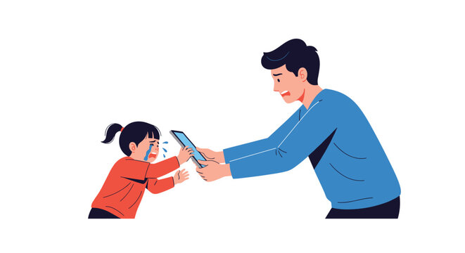 Stressed father taking a digital tablet away from his crying young daughter highlighting screen time addiction and parenting struggles.