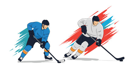 Fototapeta premium Two professional ice hockey players in blue and white team jerseys competing on the rink during an intense game match.