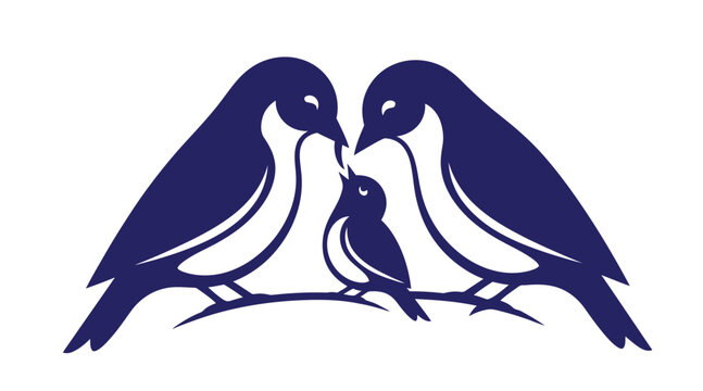 Two parent birds feeding a fledgling nestling on a branch with nestling parenting wildlife offspring behavior illustration stylized creature birdlife protection together isolated