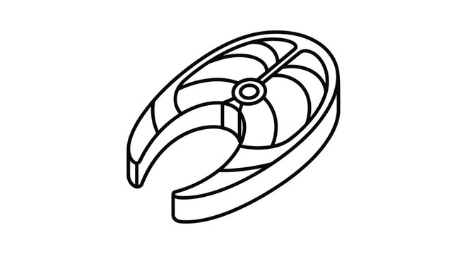 Isometric line art drawing of a fresh salmon steak showing the internal muscle texture and white fatty layers clearly.