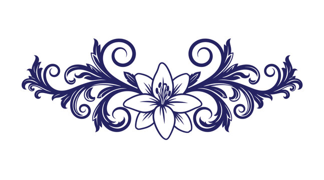 Dark blue decorative floral element with lily and intricate swirling scrolls ornament decorative botanical illustration isolated background monochrome stylized scrollwork flourish symmetry