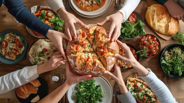 a family dinner. Multiple hands from different generations reach towards a rustic loaf of bread in the center of a table