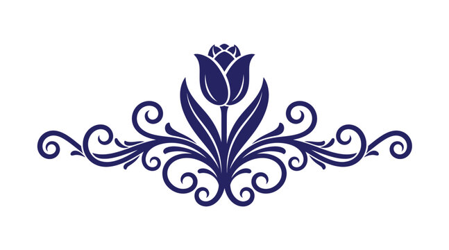 Stylized blue tulip floral design with ornate symmetrical flourishing scrolls ornament filigree decoration symmetrical botanical isolated stylized traditional creative minimalist decorative