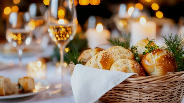 A wicker bread basket lined with a linen napkin sits on the table, filled with an assortment of small loaves and dinner rolls