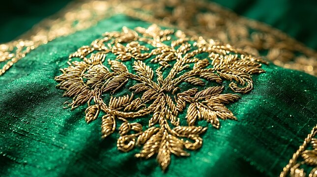 Elegant gold floral embroidery on emerald green silk fabric