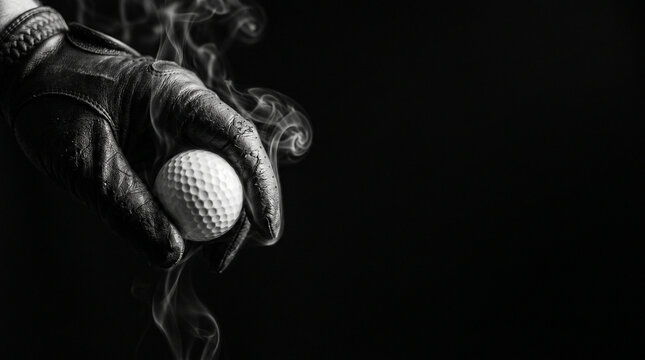 Strong male hand wearing black leather golf glove holding a golf ball with swirling smoke rising on a dramatic black background with copy space.