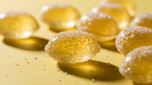 Close up view of translucent yellow lemon drops candies with sugar crystals scattered on a soft yellow background with beautiful light and shadow play.