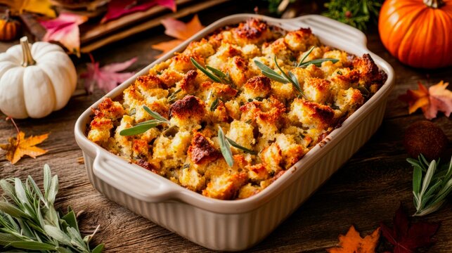 cornbread stuffing (dressing) fresh from the oven in a ceramic baking dish