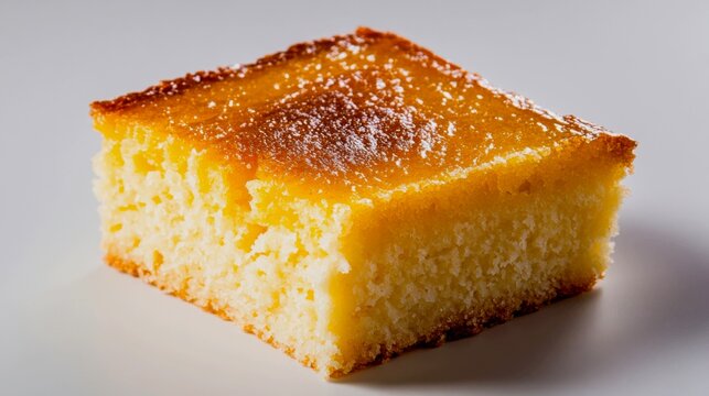 a perfectly baked square of classic cornbread. The piece has a golden-brown top and a slightly crumbly, moist texture visible