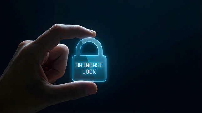 Digital security silhouette hand holding a glowing database lock icon for cyber protection