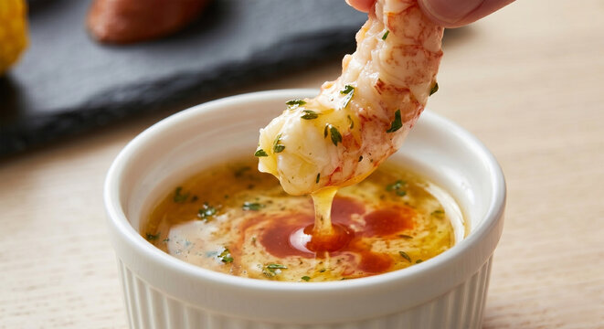 A close-up shot of a peeled crawfish tail meat being dipped into a small, white ceramic ramekin of warm, clarified herb butter. 