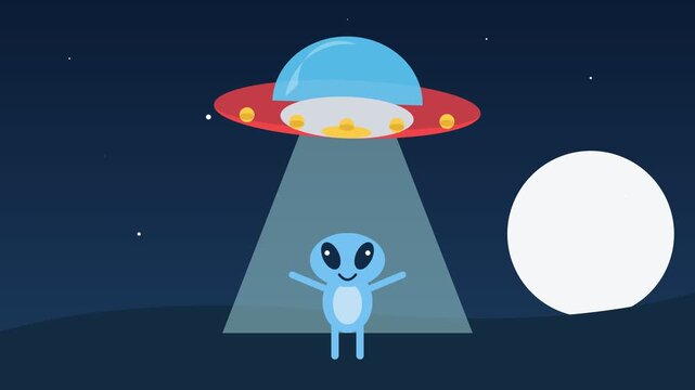 Cute Blue Alien Beaming Down from UFO Spacecraft in Starry Night Sky with Moon