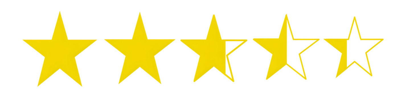 Creative semi filled rating star badge sequence for premium product evaluation png image.