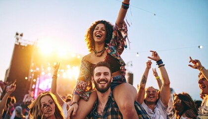 Obraz premium Couple Celebrating at Outdoor Music Festival.