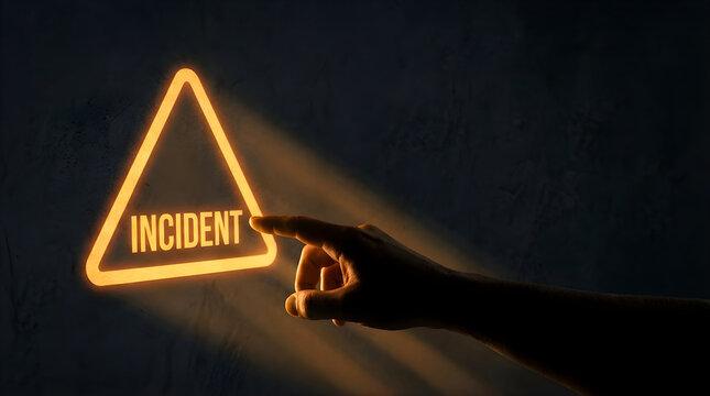 A glowing incident warning sign silhouette touched by a human hand in the dark