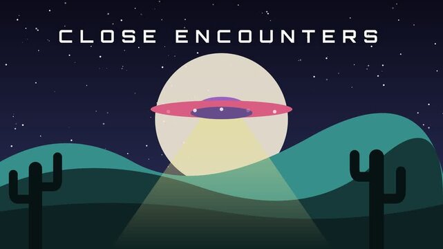 Minimalist Cartoon UFO Flying Over Desert Night Landscape with Full Moon and Stars for SciFi Background