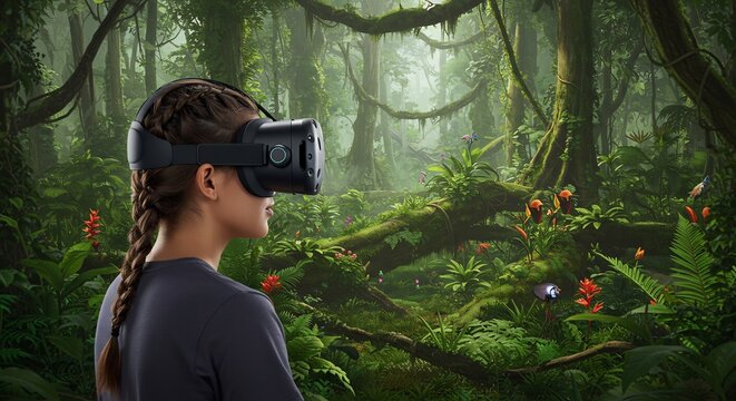 VRヘッドセットを装着した女性が光が降り注ぐ緑豊かなジャングルを探索し未来的な仮想現実空間で息をのむような没入体験を楽しむ. AI Generated