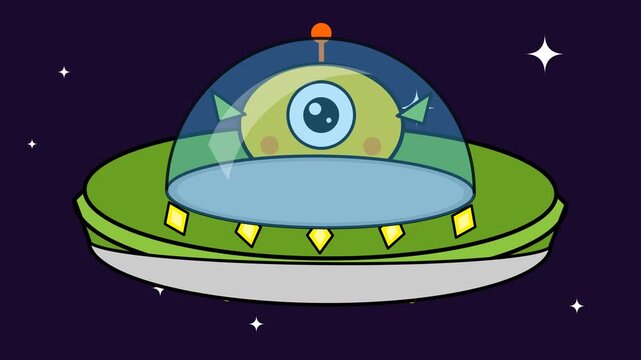 Cute Green One Eyed Alien Character Flying in UFO Spaceship Through Dark Outer Space Cartoon Illustration