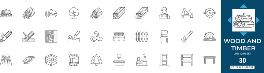 Wood and timber line icon set featuring lumberyard, carpentry, forestry, logs, sawmill, planks, and woodwork. Professional editable vector illustration for industrial app and UI UX design. © MdAzizar