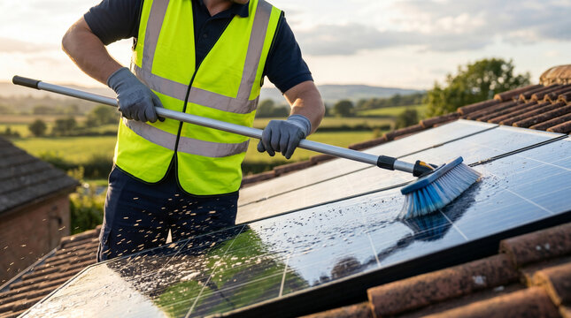 Man cleaning solar panels on rooftop with brush and water, promoting renewable energy and sustainable technology for environmentally friendly power generation.