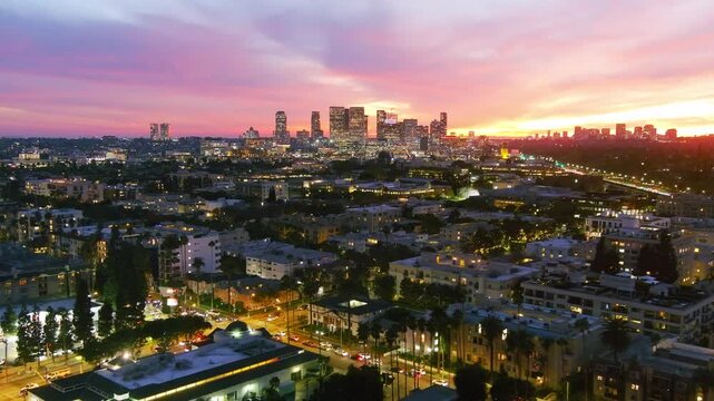Descending Shot | Beverly Hills | Century City in Background | Evening Lighting | Dusk Ambience