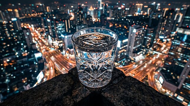 Glass of water on a rooftop overlooking a night cityscape