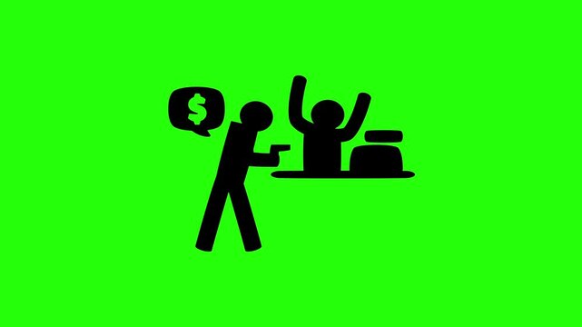 Premium 4K motion graphic of an armed robber pointing a gun at a frightened cashier silhouette bouncing. Clean asset for security training site.