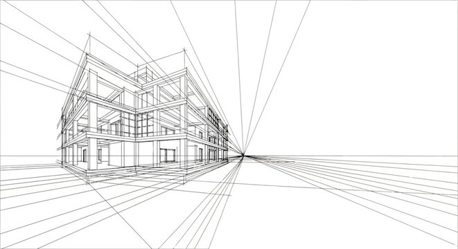 Modern Architectural Wireframe Drawing of a Residential Building Structure