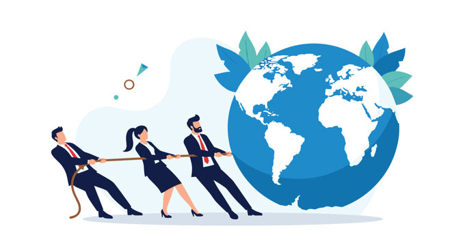 Three business professionals work together in a tug of war to pull a giant globe representing global influence and international competition.