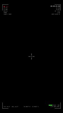 Vertical format professional digital cinema camera viewfinder display with settings and focus grid on black background