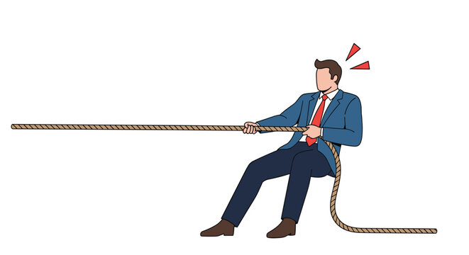 Determined businessman in a blue suit uses all his strength to pull on a heavy rope in a competitive tug of war challenge in a professional setting.
